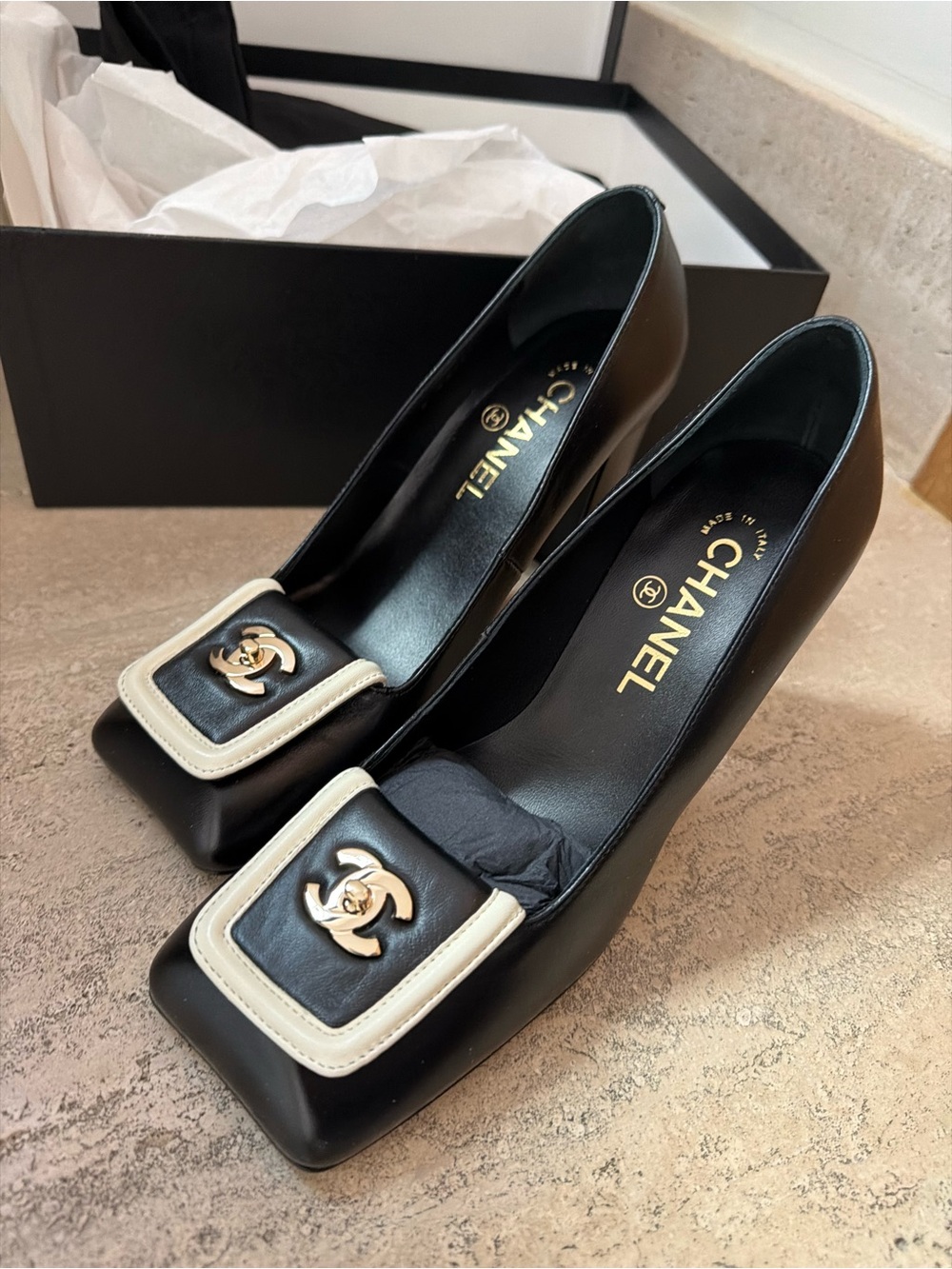 CHANEL Black and Cream Leather Square-Toe Heels with CC Logo
